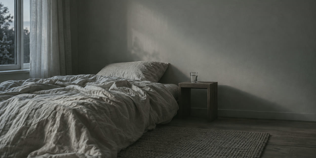 An unmade bed of linen sheets and a glass of water on a bedside table in the grey light before dawn