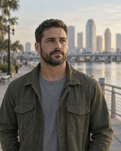 A calm portrait of a veteran in civilian clothes on a waterfront path