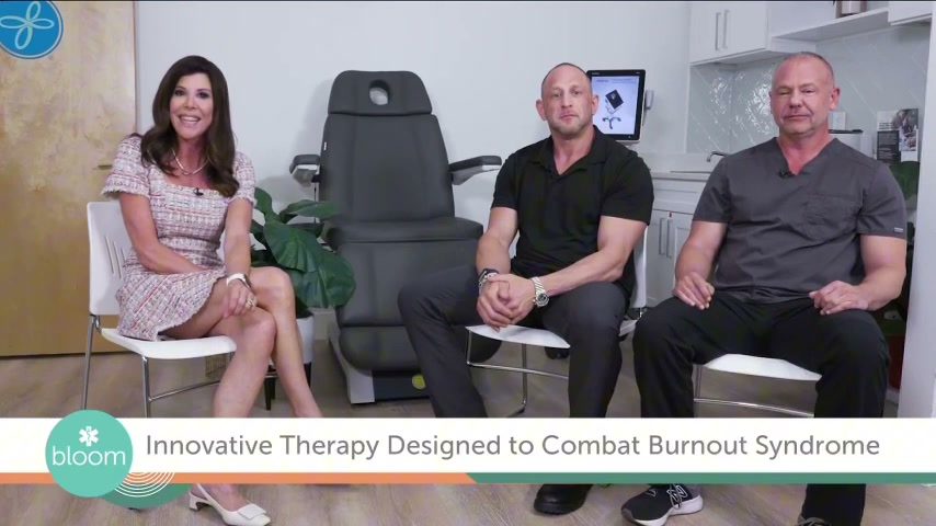 The WFLA Bloom Tampa Bay host, Brett Markowitz and Dr. Michael Meighen in the treatment room, with the segment title on screen